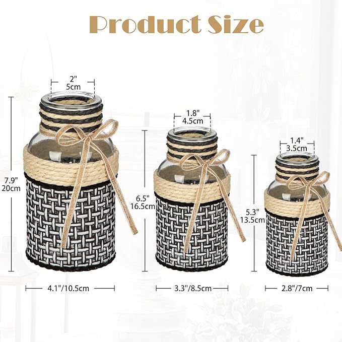 Hollyone 3Pcs Flower Vase Glass Vase with Cotton Rope Cover Woven Glass Vase Decorative Flower Bottle Modern Vase for Table Centerpiece Farmhouse Wedding Home Decor Black & White