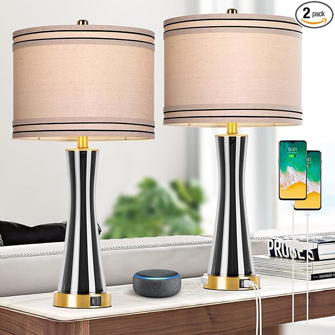 27.4''Table Lamps for Living Room Set of 2，3-Way Dimmable Modern Glass Bedside Lamps with USB Ports，Tall Lamps for Night Stands，Touch End Table Lamps for Bedroom Desk Lamps for Home Office（Grey）