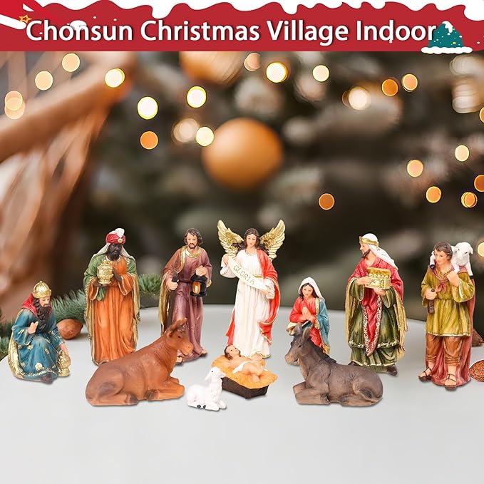 Nativity Set 5.7 Inch 11 PCS Christmas Village Nativity Scene Indoor Collectible Bulidings Nativity Sets & Figures Vintage Xmas Holiday Decorations Displays