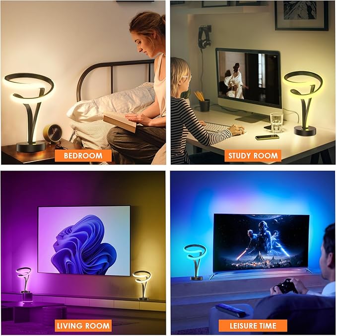 Modern Spiral RGB Table Lamp, Unique, 7 Colors 10 Light Modes LED, Touch Dimmable Cool Nightstand Lamps for Living Room Bedroom Office, Ideal Gift (Black)