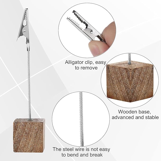 20 Pcs Cube Base Memo Clip Holder with Alligator Clip Wood Table Number Holder Cube Base Place Card Stand Mini Photo Menu Stand for Displaying Number Card(Wood Color)