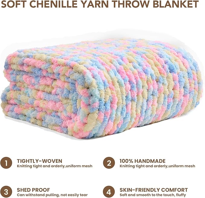 L'AGRATY Chunky Knit Blanket Throw: 50''x60'' Chenille Chunky Knitted Throw Blankets for Bed Couch - Handmade Thick Cable Knit Blanket - Large Crochet Rope Blankets for Home Decor