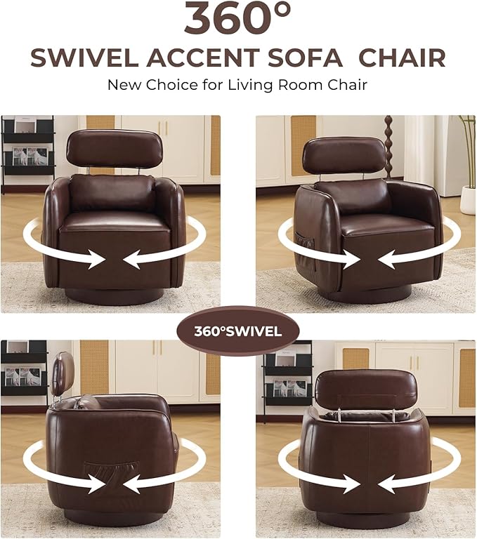 Modern 360° Leather Swivel Accent Chair with Adjustable Headrest, Chenille Accent Chair for Living Room, Vanity Chair for Makeup, Swivel Barrel Chair with Lumbar Pillow, Comfy Barrel Armchair, Brown