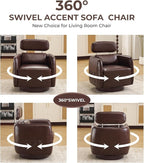 Modern 360° Leather Swivel Accent Chair with Adjustable Headrest, Chenille Accent Chair for Living Room, Vanity Chair for Makeup, Swivel Barrel Chair with Lumbar Pillow, Comfy Barrel Armchair, Brown