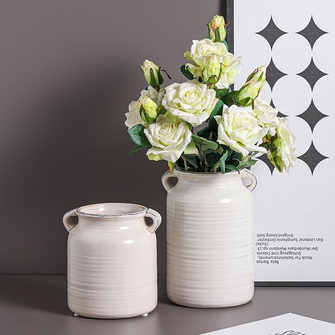 Ceramic Rustic Distressed White Flower Vase for Centerpieces, Kitchen, Office or Living Room (5.9''x6.3”)