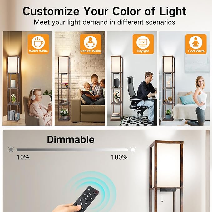 OUTON Floor Lamp with Shelves, Dimmable Shelf Floor Lamp with Remote, 1USB & 1 Type C Ports, 1 Power Outlet, Modern Standing Lamp with 4 Color Temperature for Living Room, Bedroom, Vintage