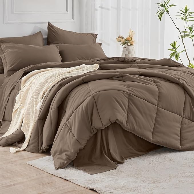 JOLLYVOGUE Queen Comforter Set, Ultra-Soft Bed in a Bag Queen Size 7 Pieces, Oeko-TEX Certified Bedding Set with Down Alternative Comforter, Sheets, Pillowcases & Shams, Brown