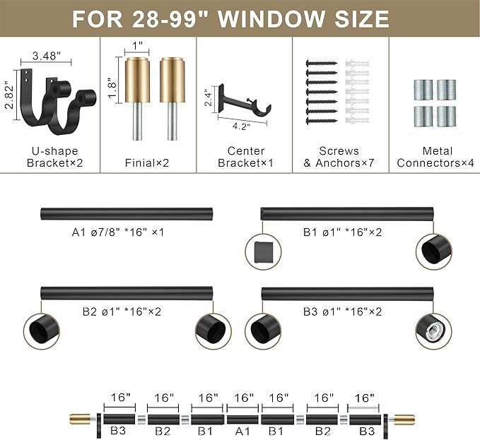 Curtain Rods for 28-99” Windows, Splicing Construction, 1” Adjustable Drapery Rod with Aluminum Alloy Brackets and Finials for Window, Sliding Door, Patio, Living Room Decoration, Matte Black&Gold