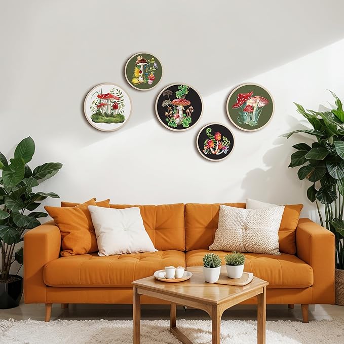 Qunclay 5 Pcs Wall Art Decor Wooden Living Room Wall Decor Bohemian Hanging Farmhouse Geometric 10'' and 8'' Aesthetic Wood Minimalist Posters for Bedroom(Mushroom)