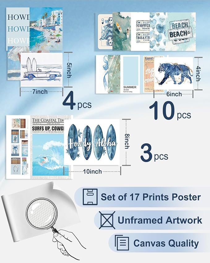 KBKBART Coastal Cowgirl Room Decor Aesthetic Set of 17, Coasta l Granddaughter Room Decor, Blue coastal Cowgirl Wall Art Prints, Trendy Beachy Wall Decor for Dorm Bedroom, Preppy Surf Posters for Teen Girls, Coastal cowgir l Decor (Unframed)