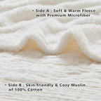 EMME Muslin and Fleece Twin Blanket Reversible - 60"*80" Cream Soft Warm Throw Blankets for Couch Bed Picnic Travel Bed