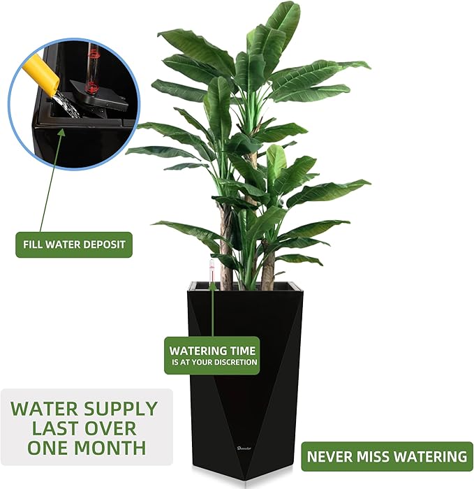 Dexceder 20 Inches Tall Self Watering Planter Diamond High Gloss Indoor Outdoor, Thickened Rhombus Large Floor Standing Flower Plant Pot with Water Level Indicator (Black)
