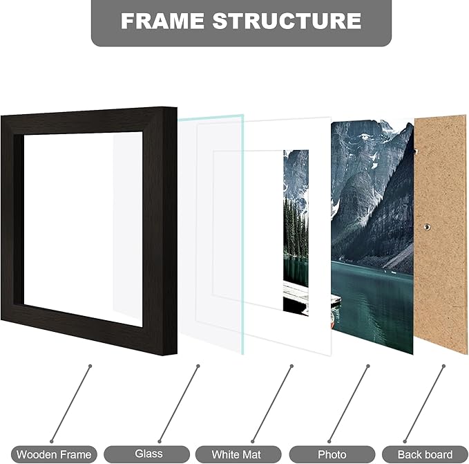 5x5 Picture Frame with Real Glass - Display Pictures 4x4 with Mat or 5 x 5 without Mat, Photo Frame for Wall or Table Top Display(Black, 3 Pack)
