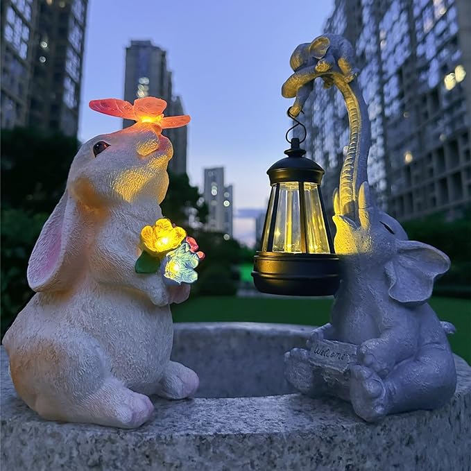 Vermeyen Solar Garden Statues Outdoor Decor-Yard Decorations for Patio,Balcony,Backyard,Lawn Ornaments-Easter Bunny Figurines with LED Light-Unique Birthday Gardening Gifts for Women,Mom,Grandma