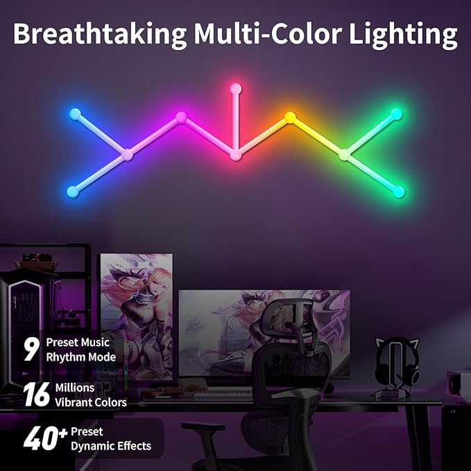Smart WiFi RGB LED Wall Light Lines, Music Sync DIY Geometry Splicing Gaming Lights, 16M+ Color Changing Home Decor Lights Work with Alexa and Google Assistant for Game Room, Bedroom - 9 Bars