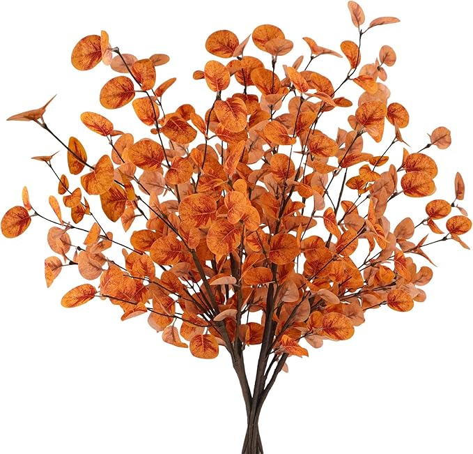 6pcs Artificial Fall Eucalyptus Leaves Stems Fall Decorations Silk Fake Eucalyptus Branches Fall Leaves for Vase Boquets Autumn Home Wedding Table Thanksgiving Decor Orange