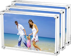 Acrylic Picture Frames 3 Pack, 4x6'' Clear Double Sided Block Set, Desktop Frameless Magnetic Photo Frame