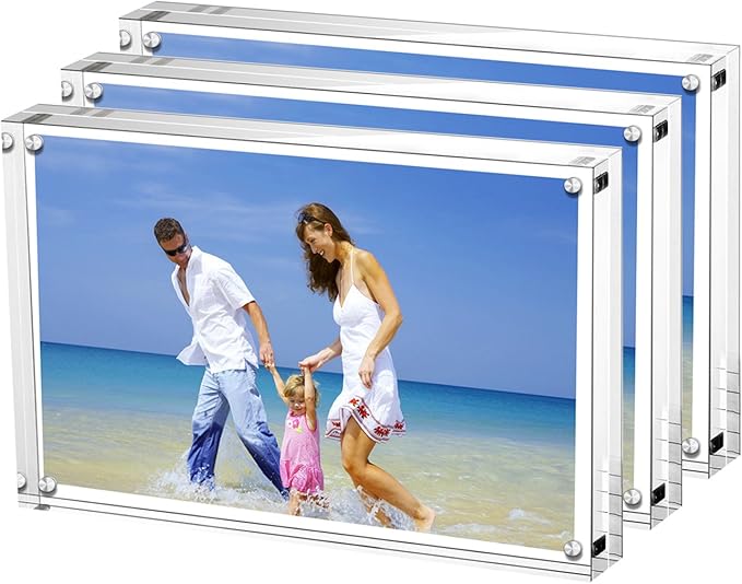 Acrylic Picture Frames 3 Pack, 4x6'' Clear Double Sided Block Set, Desktop Frameless Magnetic Photo Frame