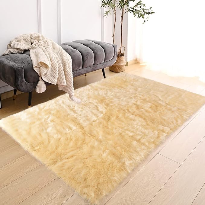 Latepis Yellow Shaggy Rug Bedroom Rugs 4x6 Area Rug Washable Faux Sheepskin Fur Rug for Living Room Décor, Rectangle