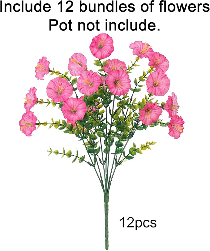 HyeFlora Artificial Flowers for Outdoors Fake Plants Outside Decoration, 12 Bundles Silk Pink Morning Glory with Eucalyptus UV Resistant Look Real Faux Flowers for Planter Front Door Yard Gardens Home