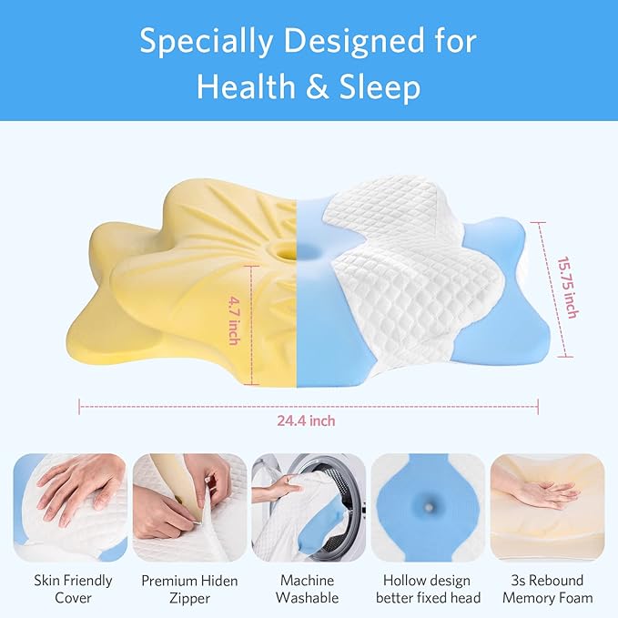 Memory Foam Cervical Pillow, Multifunctional Ergonomic Contour Pillows, Orthopedic Pillow for Neck and Shoulder Pain Relief, Washable Pillowcase, for Side Back Stomach Sleepers