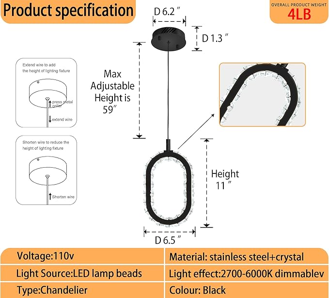 Black 1 Ring Pendant Lights Kitchen Island Single Head Crystal Chandeliers Foyer Entrance Modern LED Dimmable Chandeliers