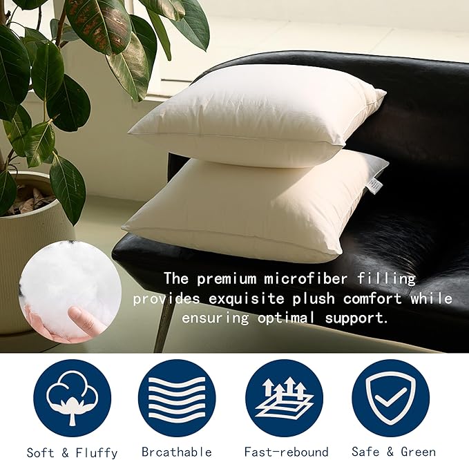 Set of 2 18×18 Inch Pillow Inserts Cotton Cover with Premium Fiber Filling Machine Washable Soft Fluffy Decorative Pillows for Indoor Outdoor Use Perfect for Couches Seats & Beds