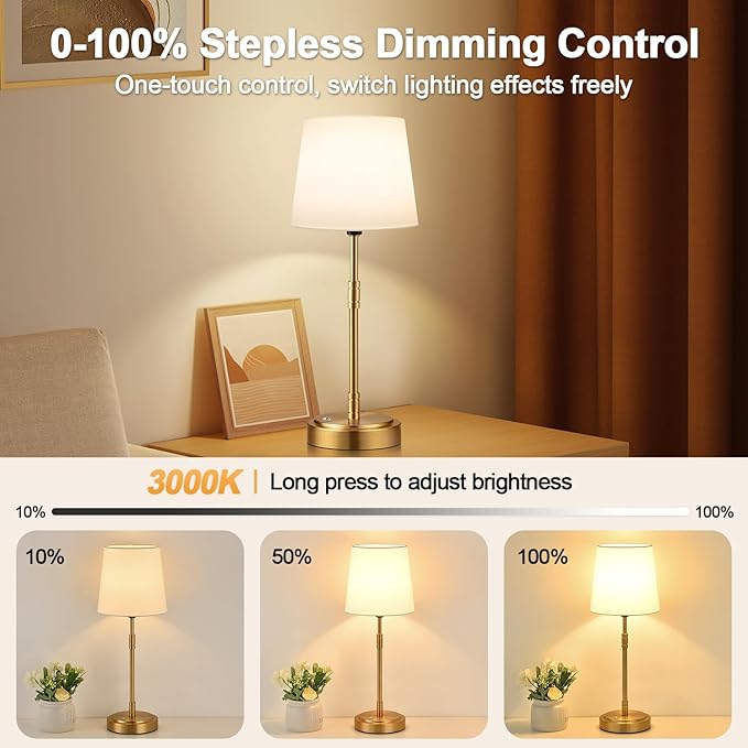 Cordless Table Lamps Set of 2 – Battery Operated Lamp with 7500mAh Rechargeable Battery, Stepless Dimmable Vintage Brushed Gold Desk Wireless Lamps for Dining Room, Nightstand & Patio (Bulbs Included)