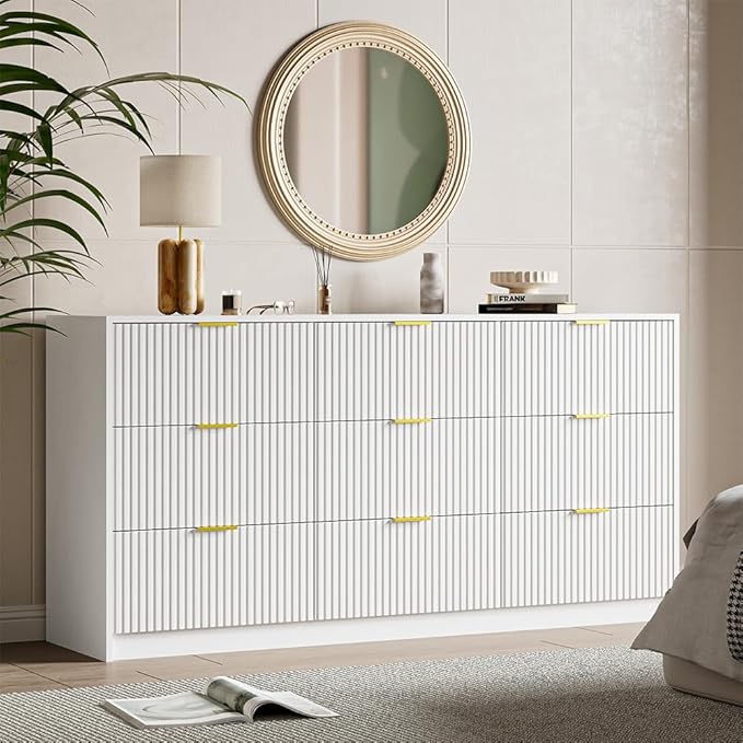 White Dresser for Bedroom, 9 Drawer Double Dresser, Modern Chest of Drawers for Bedroom, Living Room, Entryway and Closet, 63" L x 15.7" D x 31.5" H