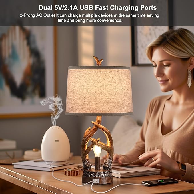 Rustic Table Lamps Farmhouse Antler Lamps Set of 2 Western Bedside Lamps for Bedroom with USB Charging Ports Nightlight,Vintage Resin Nightstand Table Lamps for Living Room (Bulbs Included)