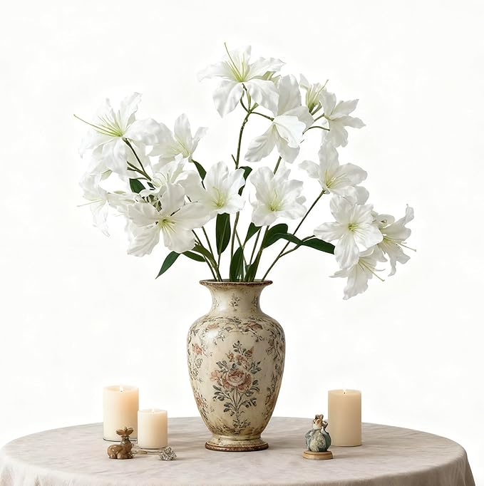 10-Bud Artificial Lily Flowers, 4 Pcs Fake Outdoor Flowers, UV Resistant Faux Flowers for Outdoor Planters, Silk Flowers for Wedding Decoration (White)