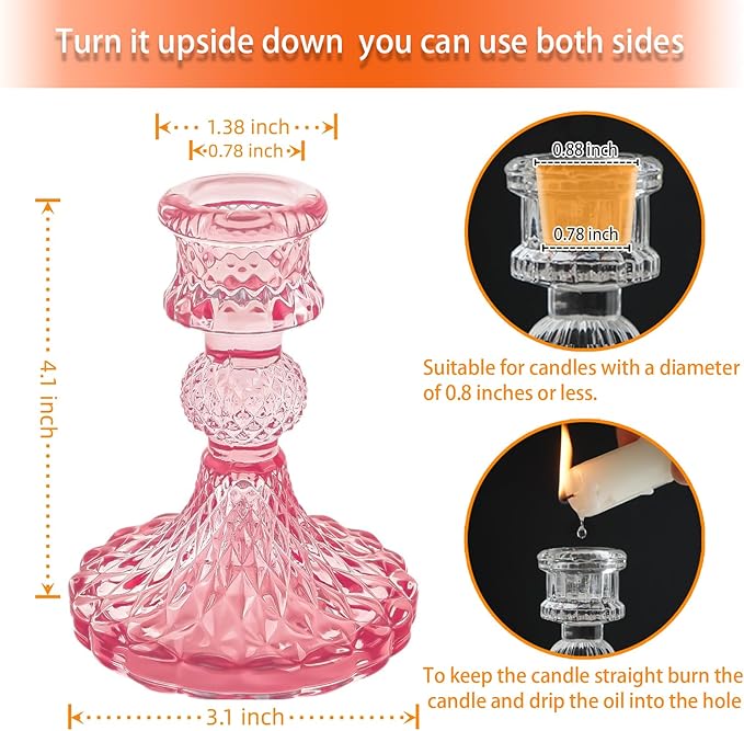 Glass Candlestick Holder,Striped Taper Candle Holders,Set of 6 Candle Stand for Table Centerpieces, Home Decor,Weddings,Festival and Parties (Peach Red Dimond)