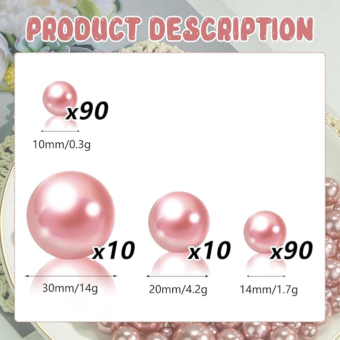 200PCS Dark Pink Faux Pearls Beads for Centerpiece Vases, Vase Filler Faux Pearls, No Holes Filler Beads for Party Anniversary Birthday Wedding Table Decor, 10/14/20/30mm