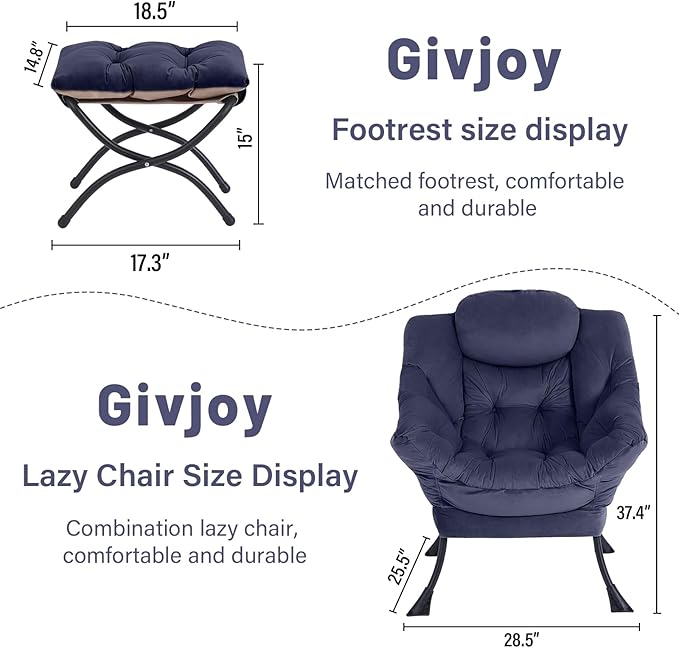 Cozy Lazy Chair and Ottoman, Large Contemporary Accent Lounge Chair Set, Leisure Upholstered Reading Armchair for Bedroom, Living Room, Dorm Rooms, Office