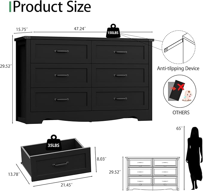 Dresser for Bedroom with 6 Drawers, 48" Wide Wood Chest of Drawers with Deep Drawers & Mental Handle, Modern Dresser TV Stand, Wooden Closet Storage Organizer for Living Room, Hallway, Entryway, Black