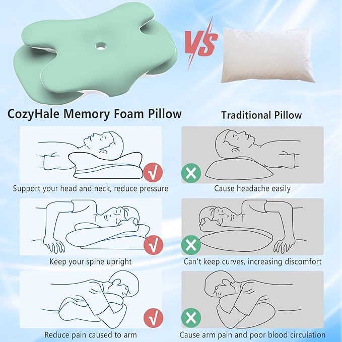 Cervical Pillow for Neck Back Pain Relief Memory Foam Contour Pillow Ergonomic Orthopedic Neck Pillow for Sleeping Cervical Support Pillow for Back Side Stomach Sleeper Cooling Pillowcase (Green)