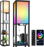 OUTON Floor Lamp with Shelves, LED Dimmable Floor Lamp with Remote & App Control, Charging Station, Color Changing, Wood Column Tall Standing Lamp for Living Room, Bedroom Office, RGB