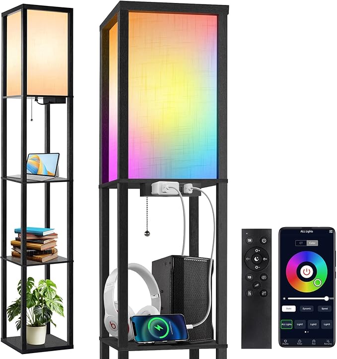 OUTON Floor Lamp with Shelves, LED Dimmable Floor Lamp with Remote & App Control, Charging Station, Color Changing, Wood Column Tall Standing Lamp for Living Room, Bedroom Office, RGB