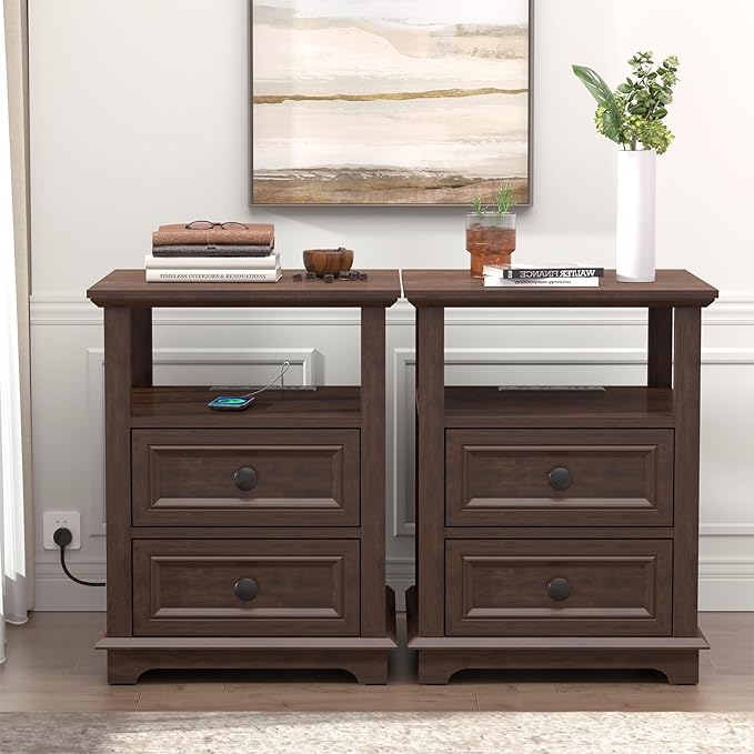 18" Wide End Table with Fast Charging Station Set of 2, 18” Wide Sofa Side Table with Drawers,End Table with Drawers for Living Room,Cherry