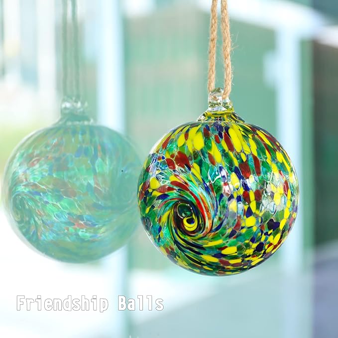 VCUTEKA Hanging Friendship Balls, Glass Ball Hand Made Witch Ball for Window Outdoor Garden Patio Décor, 6" Colorful Swirl