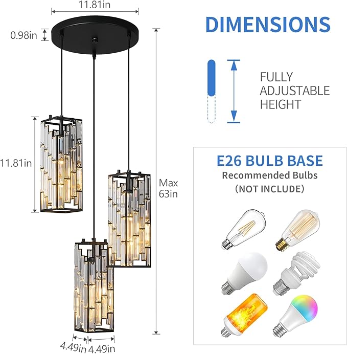 Black Pendant Lighting Modern Pendant Light, Mini Crystal Chandeliers,Adjustable Pendant Light Fixture for Kitchen Island Dinning Room Bedroom (3 Light)