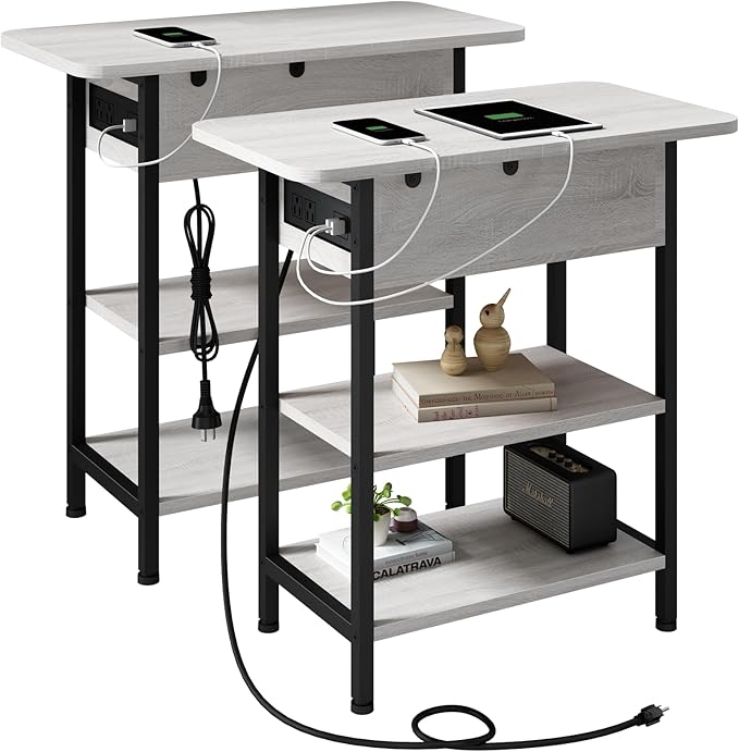 LIDYUK End Table with Charging Station, Set of 2 Flip Top Narrow Side Table for Small Spaces, Nightstands Set of 2 for Bedroom, End Tables Living Room with Storage Shelves, Light Grey