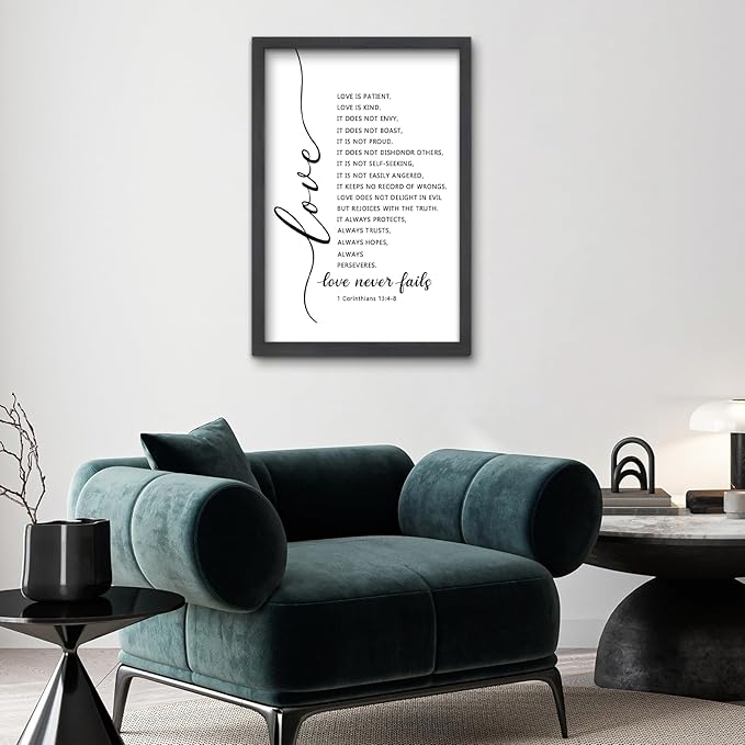 FZMHASLWW Love Is Patient Kind Wall Decor 16"×11" Love Never Fails 1 Corinthians 13 Bible Verse Sign Wood Framed Wall Hanging Art (Black)