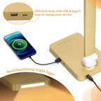 LED Desk Lamp with USB Ports,Touch Desk Lamps for Home Office with 5 Color Modes,3 Brightness Desk Light with Small Night Light,Reading Lamp Table Lamp for Bedroom Bedside Study Gold （with Adapter）
