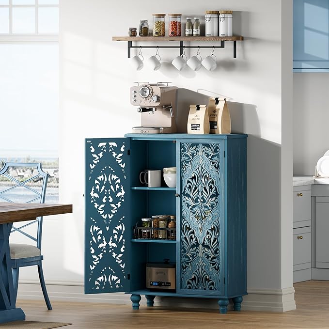 47" Tall Accent Cabinet with Doors and Shelves, Storage Cabinet with Solid Wood Legs for Living Room,Entryway,Dining Room,Bedroom,Blue