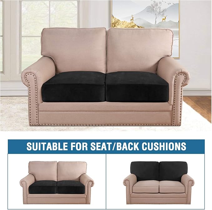 H.VERSAILTEX Velvet Stretch Couch Cushion Cover Plush Cushion Slipcover for Chair Loveseat Sofa Cushion Furniture Protector Seat Cushion Sofa Cover (2 Piece Medium Sofa Cushion Covers, Black)