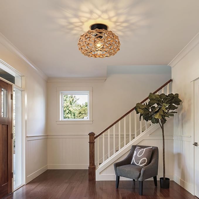 Rattan Ceiling Light Fixtures, Woven Wicker Semi Flush Mount Ceiling Light, Coastal Boho Rattan Ceiling Light for Farmhouse Bedroom Hallway Entryway Kitchen