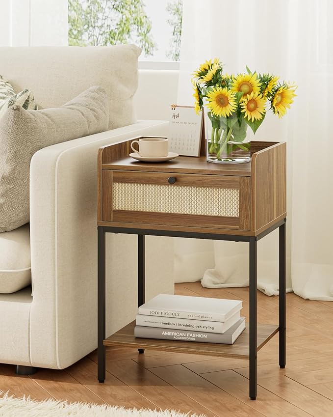 Masupu Rattan Nightstand,3-Tier Modern Bedside Night Stand with Storage Drawer and Shelf,Small End Side Table for Bedroom,Living Room,Walnut Brown (Without Outlet, Brown)