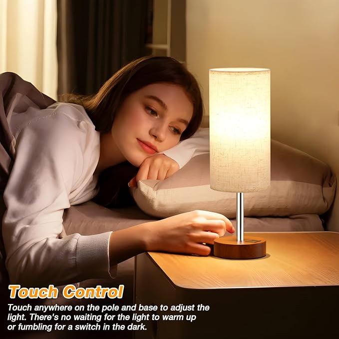 Touch Bedside Table Lamp with USB - 3 Way Dimmable Redwood Lamps for Bedroom Nightstand, Desk Lamp with Charging Station for Dorm, Living Room, Office, Kids Room, Nursery
