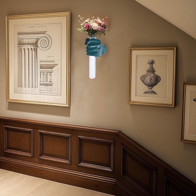 Green Wall Sculptures, Hand Vases Home Decor, Wall Mount Art Sculpture, Unique Wall Art Statue, Funky Flower Vase Decorations, Modern Eclectic Hanging Decor,Glass Test Tube Vase